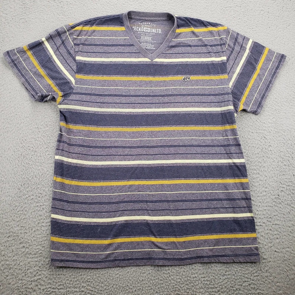 Ecko Unltd Shirt Mens XL Gray Striped Casual V Neck Outdoors Short Sleeve Casual
